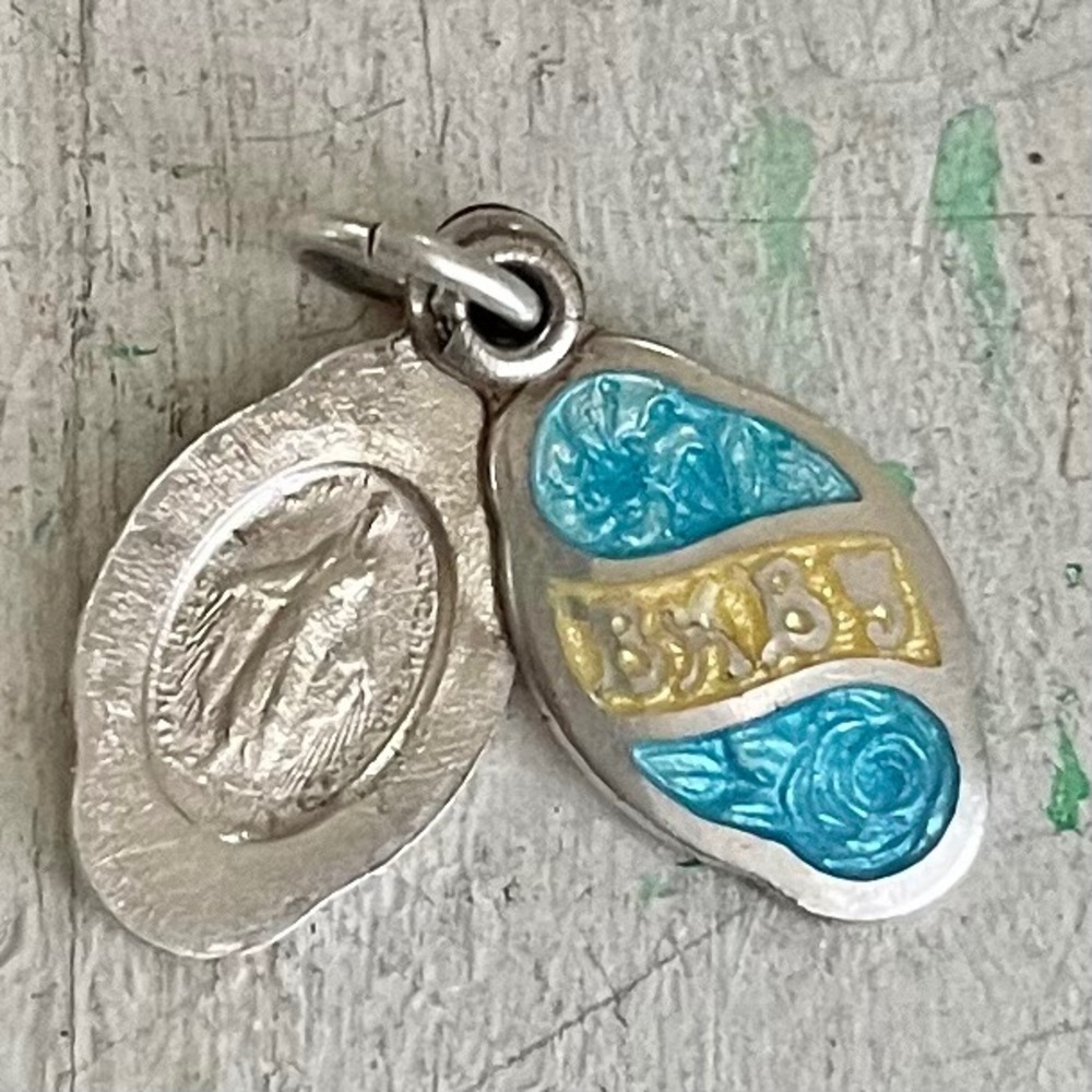 Vintage sterling guilloche baby religious slider medal